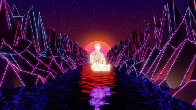 Meditating man in lotus position fly through a dreamlike world of purple neon and peaceful mountains in synthwave and vaporwave aesthetics. 3d Rendering concept of digital mindfulness