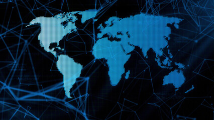 Abstract world map on a plexus background. Motion. Concept of social science and globalization.