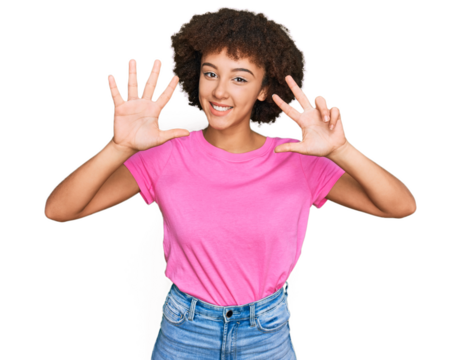 Young hispanic girl wearing casual clothes showing and pointing up with fingers number eight while smiling confident and happy.