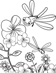 Dragonfly and flowers. Black and white vector illustration for coloring book.