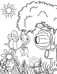 Black and White Cartoon Illustration of Bee Flying Around the Tree for Coloring Book