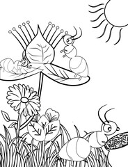 Black and White Cartoon Illustration of Ants and Flowers for Coloring Book