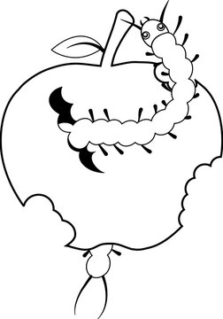 Black And White Cartoon Illustration Of Cute Caterpillar Eating Apple For Coloring Book