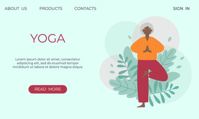 Banner template with senior woman doing yoga. Old woman practicing meditation, exercising, keeping active healthy lifestyle. 