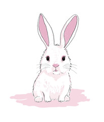 Fototapeta na wymiar Cute White Baby Bunny. Simple Hand Drawn Vector Illustration with Easter Bunny on a White Background ideal for Card, Wall Art, Poster. No text. Lovely Sketched Rabbit Sitting on a Pink Floor Print. 