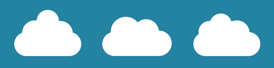 White cartoon clouds set isolated on blue background. Collection of different clouds for background template, wallpaper and fluffy sky design. Flat clouds concept. Clouds vector illustration