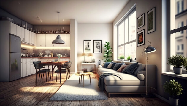 beautiful apartment large bright living room with sofa. Modern interior design. Space background for mockup. 3d rendering, interior background, living room, Scandinavian, generated by ai