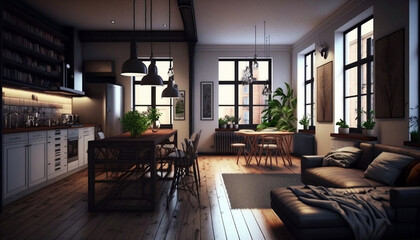 Fototapeta premium beautiful apartment large bright living room with sofa. Modern interior design. Space background for mockup. 3d rendering, interior background, living room, Scandinavian, generated by ai