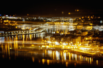 Iconic view of Porto town at night with effects.