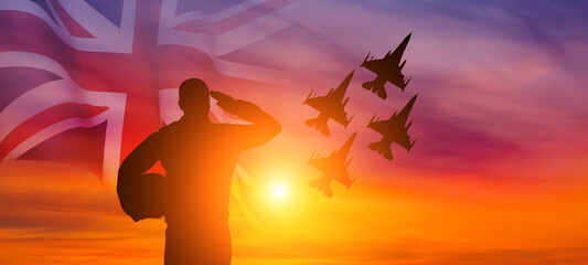 Group of aircraft fighter jet airplane. Union Jack flag. Great Britain. 3d illustration