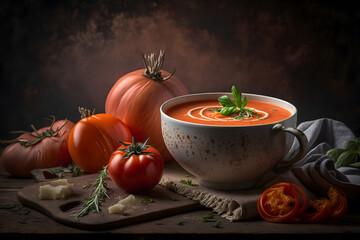 Tasty and creamy tomato soup made of fresh tomatoes made with Generative AI