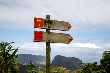 Wooden direction sign indicators for hiking on Madeira island.