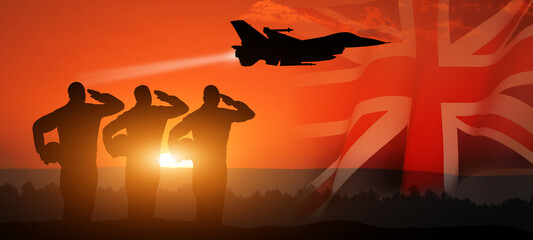 Group of aircraft fighter jet airplane. Union Jack flag. Great Britain. 3d illustration