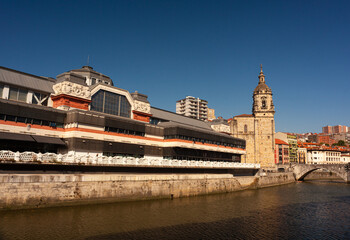 View of the historic La Ribera Market in the Nervion river, Bilbao