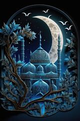 Mosque holy night sky, big moon, islamic night and silhouette mosque, rich ornaments. Iillustration, paper art, deep blue and silver color. Islamic wallpaper. Vertical. Ramadan concept. Generative AI