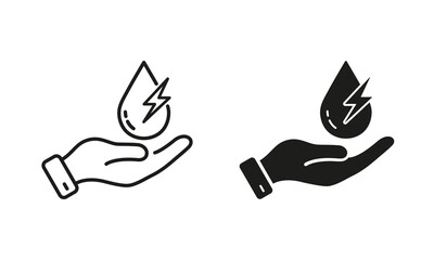 Hand Holds Water Drop, Renewable Hydropower Line and Silhouette Icon Set. Hydroelectric Green Energy Pictogram. Eco Hydro Electric Symbol Collection on White Background. Isolated Vector Illustration