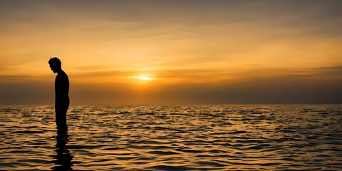 Silhouette of a man by the sea in the evening twilight with beautiful effects of sunlight, copy space for leaflet ai Generated, generative AI, CGI graphics