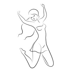 Silhouette of a sweet lady. The girl is happy, jumping for joy, raised her hands. The woman is nude and slim. Vector illustration.