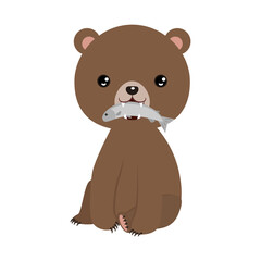 flat vector grizzly bear eat salmon