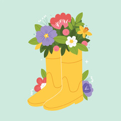 Spring flowers in rubber yellow boots. Spring pastel composition, postcard.