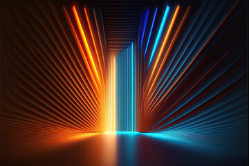 Bright rays of neon light and colorful glowing lines, abstract multicolor spectrum background. Generative AI illustration.
