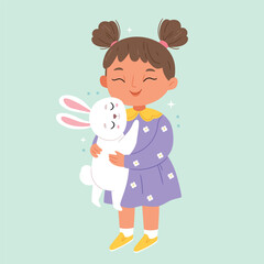 A girl in a purple dress and with tails is holding a rabbit. Spring picture. Pastel colors.