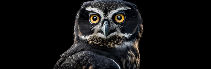 Spectacled owl head portrait on black background.  Image created with generative ai