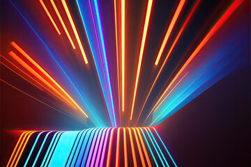 Bright rays of neon light and colorful glowing lines, abstract multicolor spectrum background. Generative AI illustration.