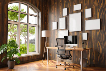 Fototapeta premium comfortable workplace with pc on wooden desk in office at home; bright sunlight from side large window and wall; canvas copy space; remote work freelance; 3D Illustration