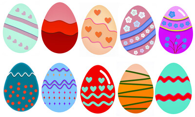 Easter eggs,set of vector colorful eggs. Easter design. Easter eggs Isolated on white background ,ten easter eggs