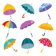 Set of colorful umbrellas. Open umbrellas. Hand drawn color vector illustration. Cartoon style. Design templates. All elements are insulated
