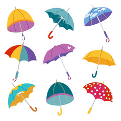 Obraz premium Set of colorful umbrellas. Open umbrellas. Hand drawn color vector illustration. Cartoon style. Design templates. All elements are insulated