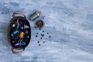 Italian coffee espresso capsules or coffee pods with copy space