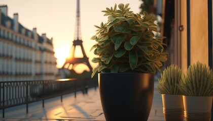  two potted plants sitting on a ledge near a building with the eiffel tower in the background at sunset in paris, france.  generative ai
