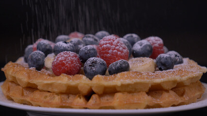 fruit, food, dessert, berry, cake, sweet, strawberry, breakfast, blueberry, raspberry, fresh, waffle, cream, delicious, berries, pastry, tart, white, red, plate, gourmet, blueberries, waffles, snack, 