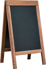 Empty wooden sandwich chalkboard to fill, isolated on white background