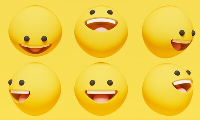 happy yellow emoticon, view from different angles use for technology, happiness and other themes, 3d illustration