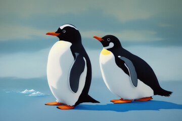 Obraz premium Cute colorful magic penguin, cartoon style painting. Generative ai art illustration