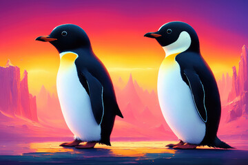 Obraz premium Cute colorful magic penguin, cartoon style painting. Generative ai art illustration