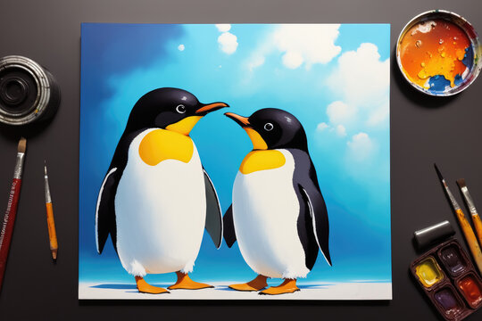 Cute colorful magic penguin, cartoon style painting. Generative ai art illustration
