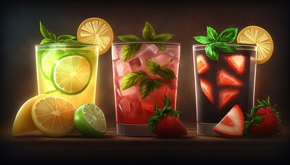  three glasses filled with different types of fruit and drinks with limes, strawberries, and lemons on the side of the glasses.  generative ai