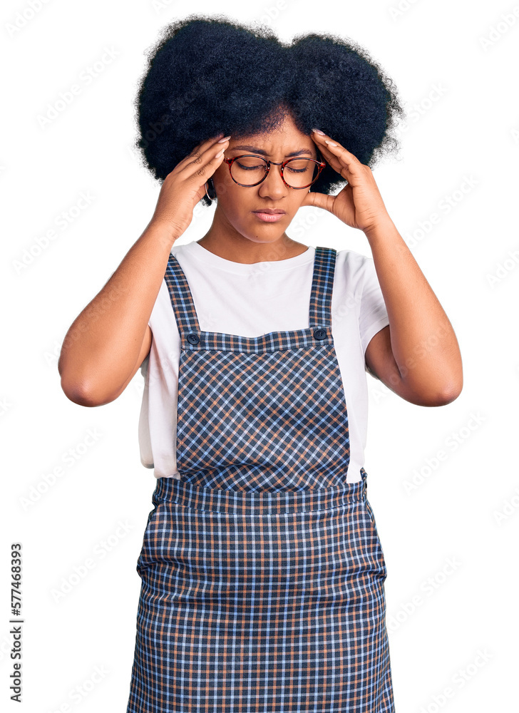 Sticker young african american girl wearing casual clothes with hand on head for pain in head because stress