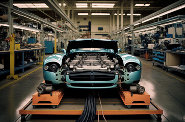 Fototapeta premium Generative AI illustration of modern clean and eco-friendly electric car production line