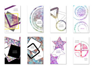 Cover design. Set of 8 covers. Imitation of crumpled paper. Unusual bright abstract background for magazine, book, splash, banner, vector. Imitation of crumpled paper