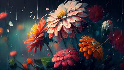 fiori colorati sotto la pioggia, generative ai - 577469315