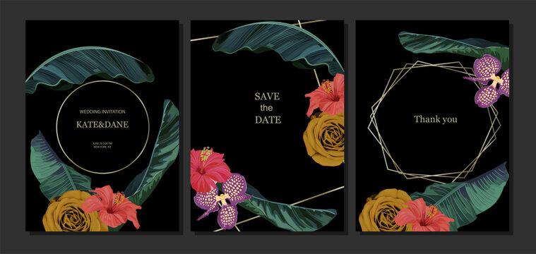 Set of jungle cards with palm leaves, rose, orchid, hibiscus and gold frame. Summer botany template.  For wedding, birthday, party, save the date. Vector illustration.