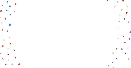 Festive background with confetti in the shape of stars in the color of the American flag.