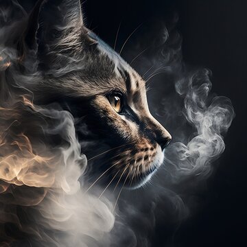 Cat in the smoke Cat in smoke on a dark background. Pet. Smoke and cat. Cat in dima with fire. Generative AI.