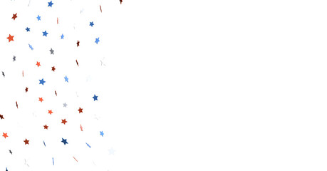 Red white blue shiny confetti stars on white background, isolate, tricolor concept,