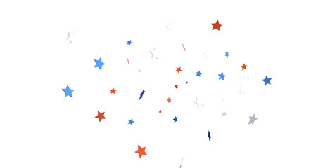 Red white blue shiny confetti stars on white background, isolate, tricolor concept,